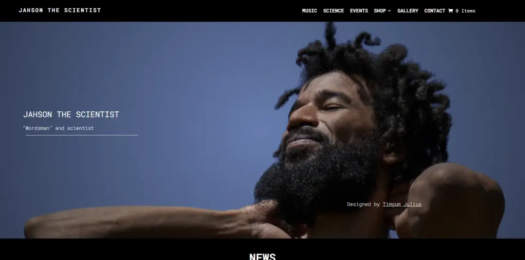 Website design for Jahson The Scientist – Artist and Wordsmith by Julius Timgum, ZORA Design